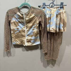 Dansco Dance Costume Camo Mesh Jacket Skirt Fishnet Leggings Girls sz Large